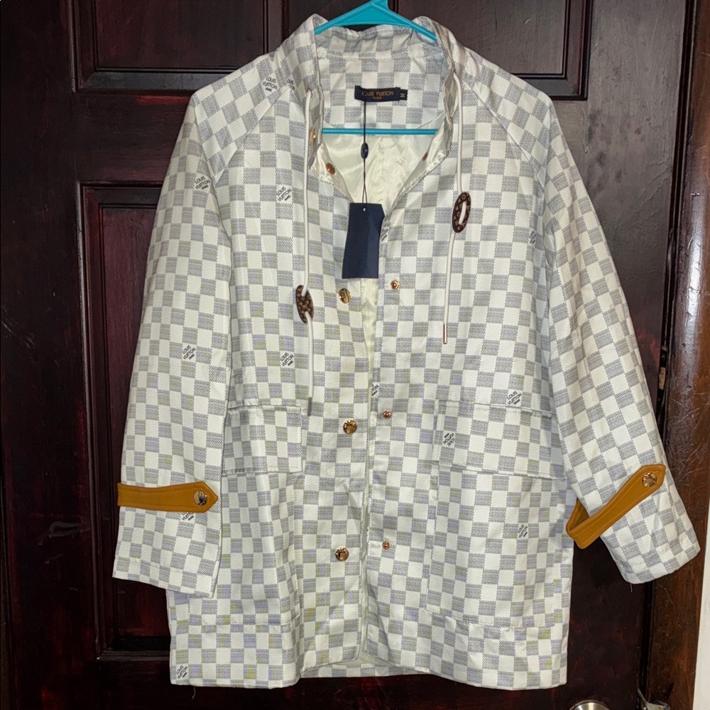 Louis Vuitton Gray and Tan Checkered Coat